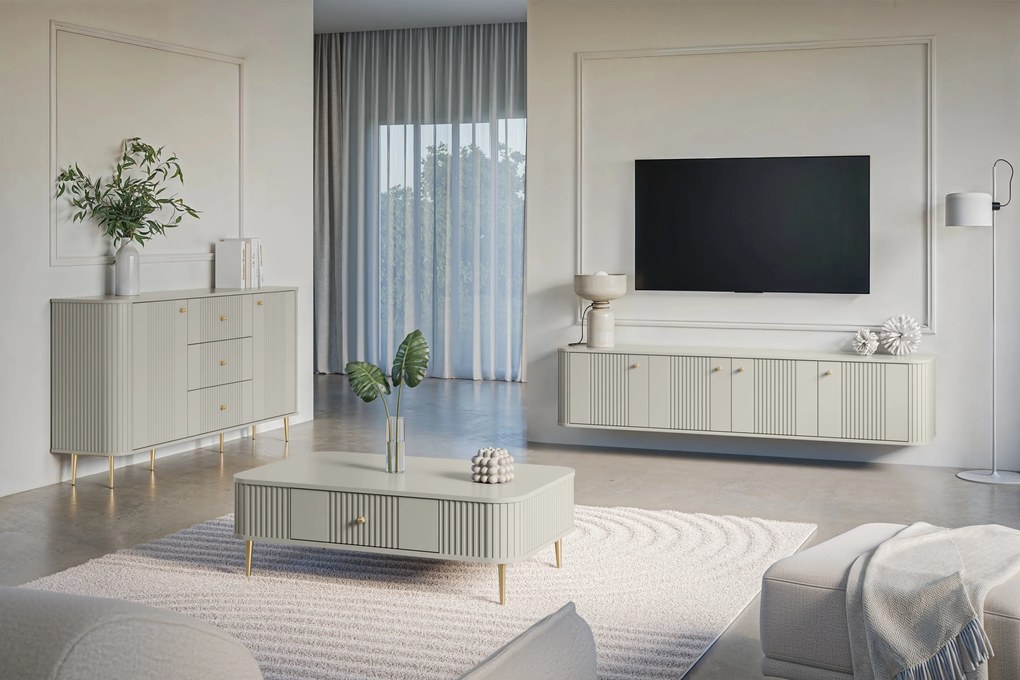 Závesný TV stolík Vespera 4D 187 cm - kašmírová / zlatá