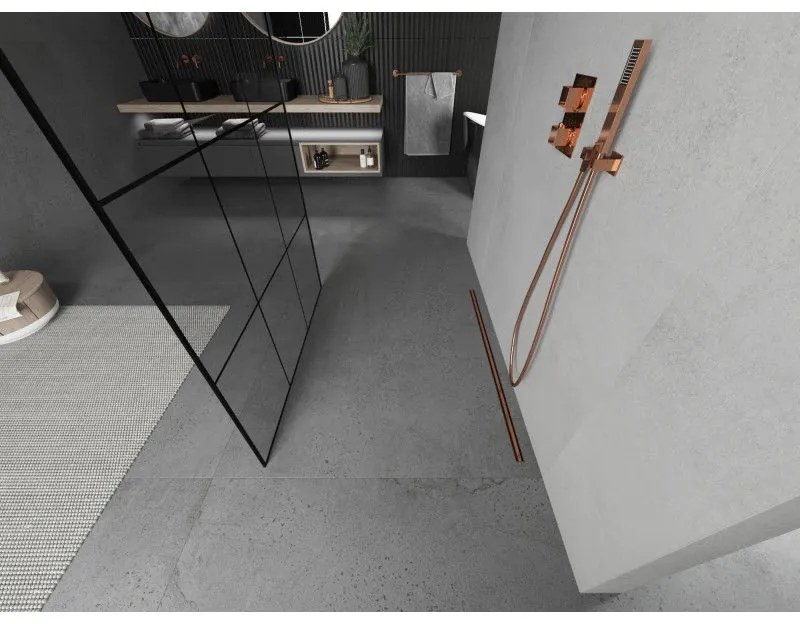 Mexen Kioto, priechodná sprchová zástena 110 x 200 cm, 8mm číre sklo - čierny vzor, 2x zlatá stabilizačná rozpera, profil ružové zlato, 800-110-002-60-77