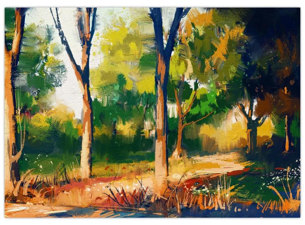 Sklenený obraz lesa v letnom slnku, maľba (70x50 cm)