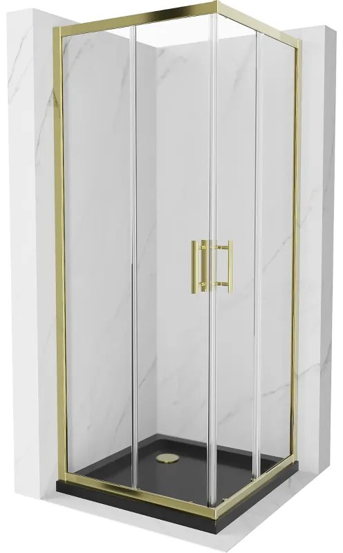 Mexen Rio, štvorcový sprchovací kút s posuvnými dverami 70(dvere) x 70(dvere) x 190 cm, 6mm číre sklo, zlatý profil + čierna sprchová vanička SLIM so zlatým sifónom, 860-070-070-50-00-4070G