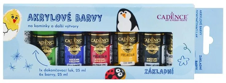 Akrylové farby na kamienky Cadence, súprava 6 ks a akrylový lak, 25 ml - základné