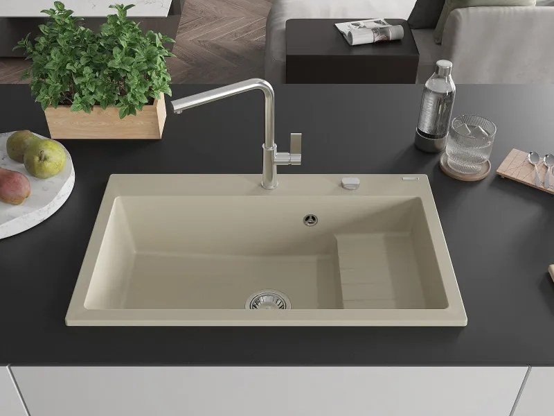 Mexen Omar granitový kuchynský drez 1-komorový 800 x 480 mm, béžový, sifón chróm - 6520801005-69