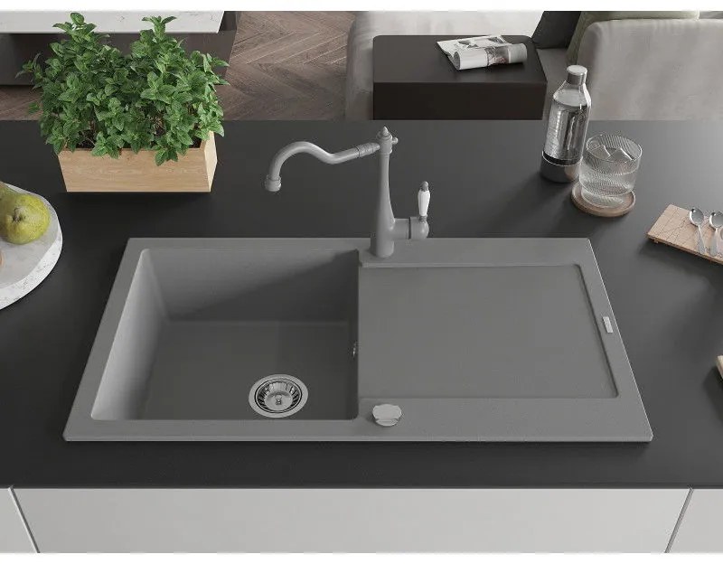 Mexen Leo, 1-komorový granitový drez 900x500x190 mm a drezová batéria Carla, šedá, 6501-71-670700-71
