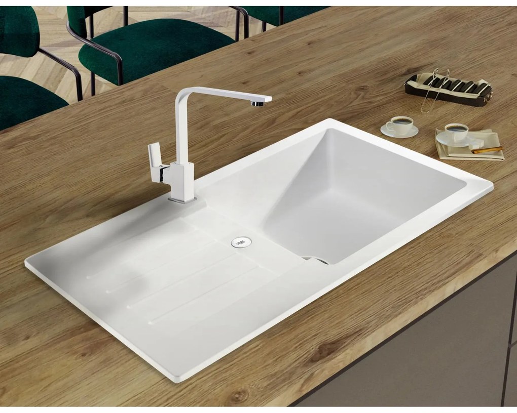 Sink Quality Natalie, kuchynský granitový drez 770x450x170 mm + zlatý sifón, biela, SKQ-NAT.W.1KDO.XG
