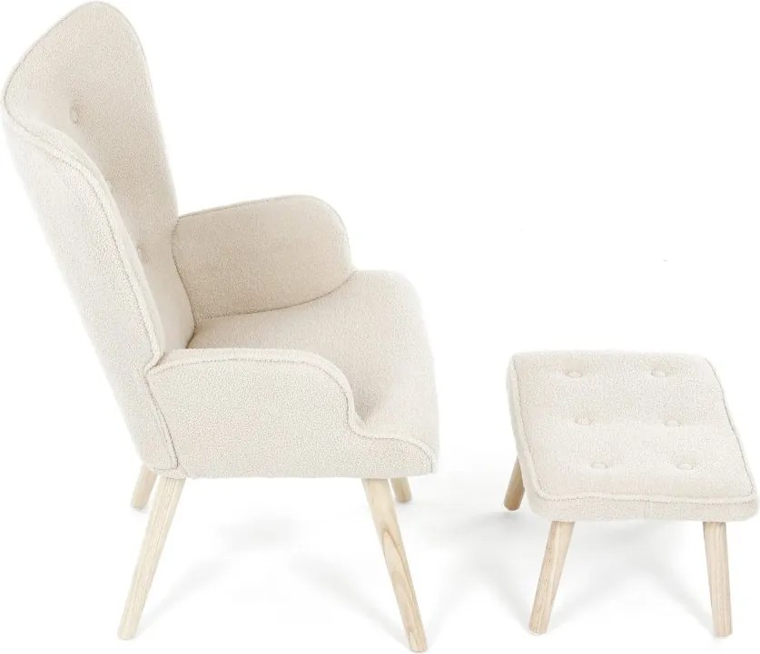 Relaxačné kreslo ušiak ROMEO II + taburet — masívne drevo, látka bouclé, prírodná / krémová