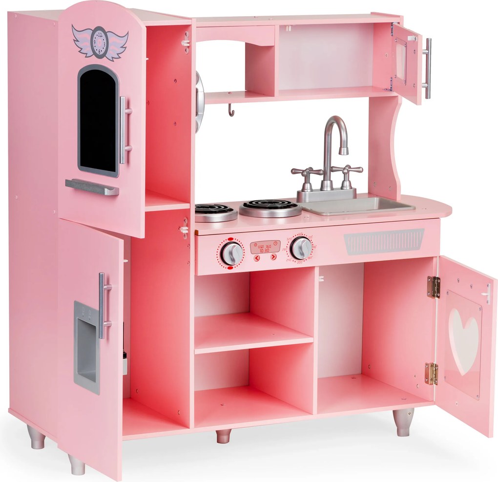 Drevená detská kuchynka Ecotoys ružová s efektnými zvukmi
