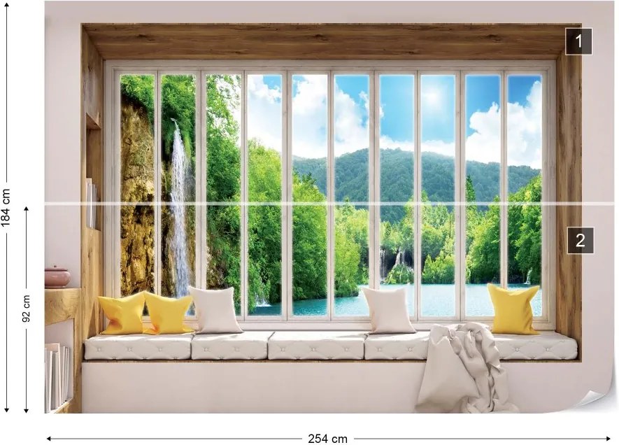 GLIX Fototapeta - 3D Window View Waterfall Lake Forest Vliesová tapeta  - 254x184 cm