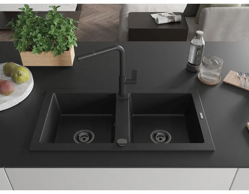 Mexen Mario, 2-komorový granitový drez 820x436x161 mm a drezová batéria Flora, čierna, 6504-77-670401-70-B