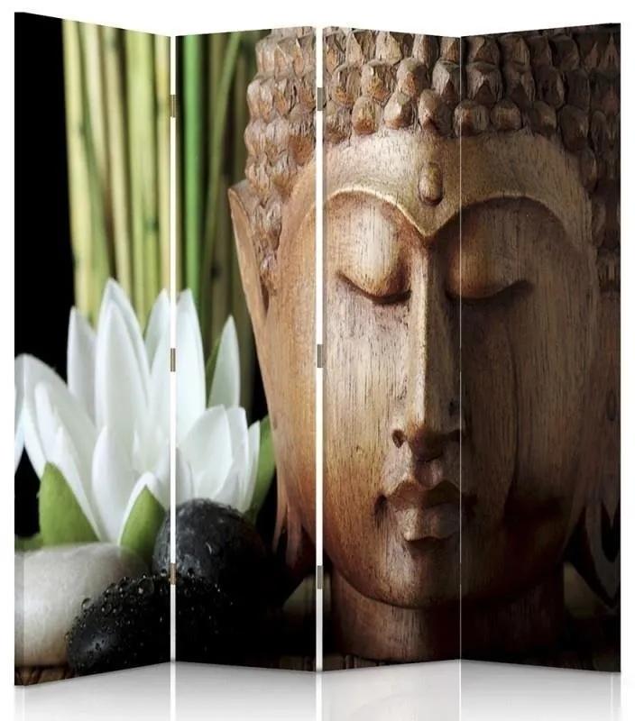 Ozdobný paraván Buddha Bambusové květiny - 145x170 cm, štvordielny, klasický paraván
