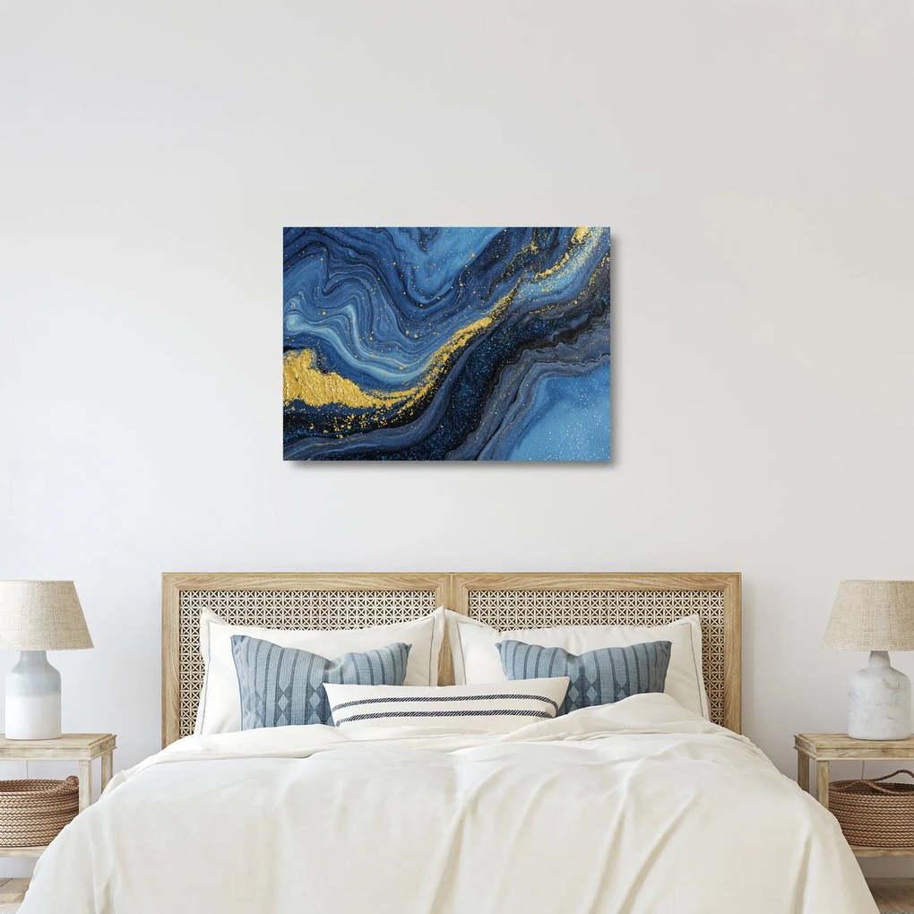 Sklenený obraz - Modro-zlatá abstrakcia (70x50 cm)