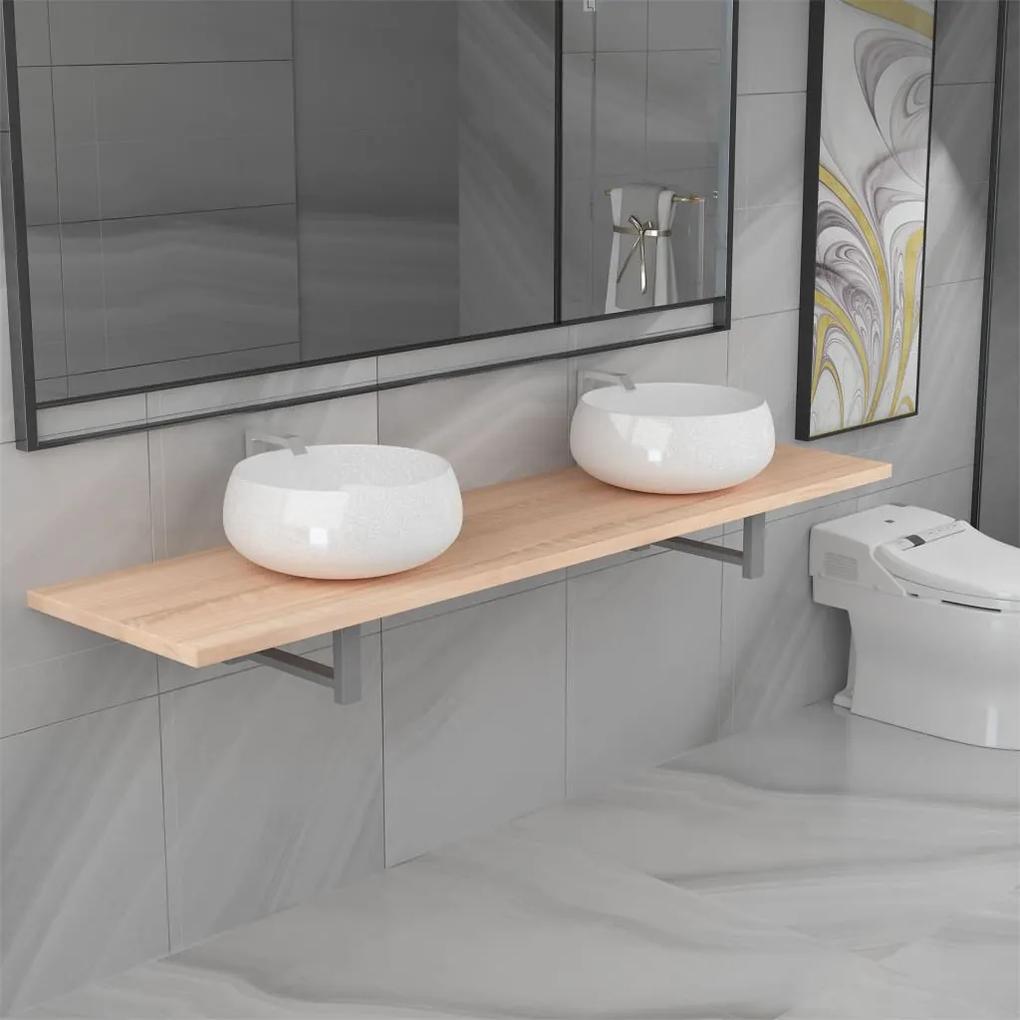 vidaXL Trojdielna sada kúpeľňového nábytku dubová keramická