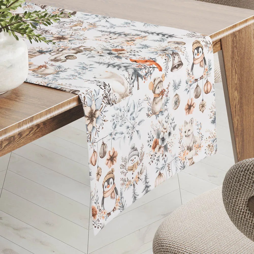 Biante Bavlnený behúň na stôl Sandra SA-708 Zimná rozprávka modro-sivo-hnedá na bielom 45x140 cm