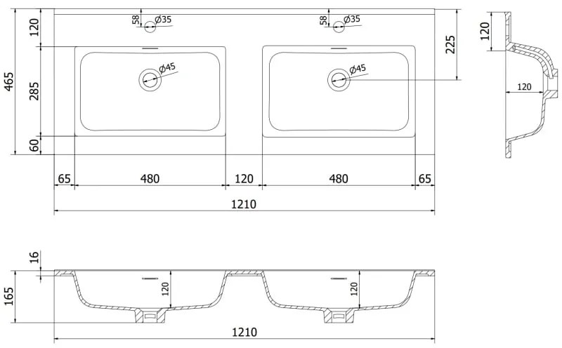 Mexen Otis, dvojité umývadlo zapustené do dosky 121 × 46,5 cm, biela matná, 25181201D