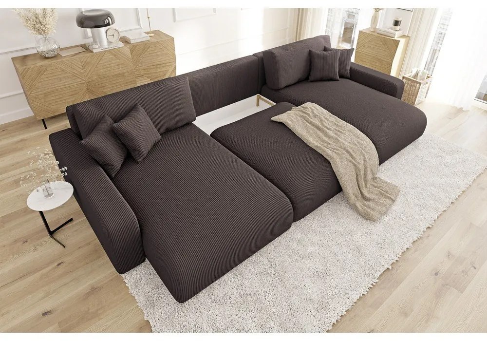 Hnedá menčestrová rozkladacia/s úložným priestorom rohová pohovka Sara – Ropez