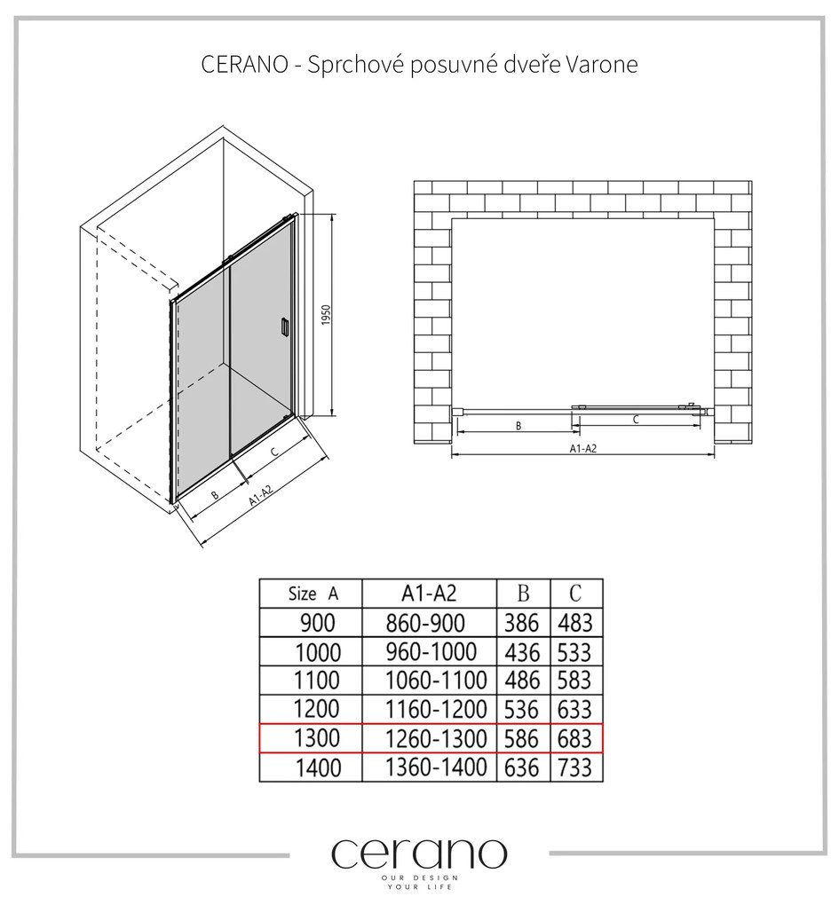 CERANO - Sprchové posuvné dvere Varone LINE Ľ/P - čierna matná, transparentné sklo - 130x195 cm, CER-CER-478096