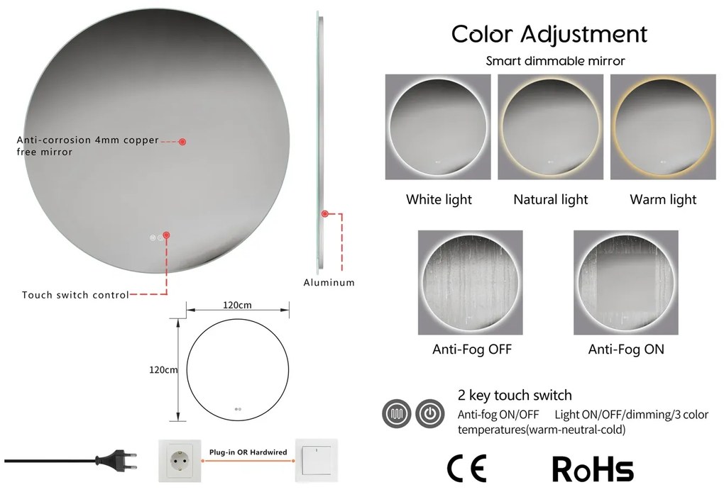 Erga Sofia, okrúhle LED zrkadlo 120cm, 2760 lm, 3 farby svetla, ERG-V01-207-1212