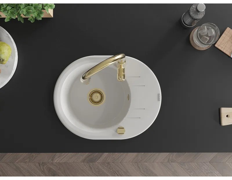 Mexen Kevin, granitový drez 586x458x190 mm, 1-komorový a drezová batéria Savita, biela, 6517-20-672601-50