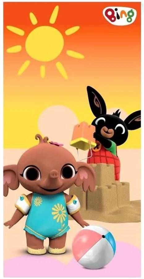 Detská plážová osuška Zajačik Bing a Sula stavia hrad z piesku - 100% bavlna - 70 x 140 cm