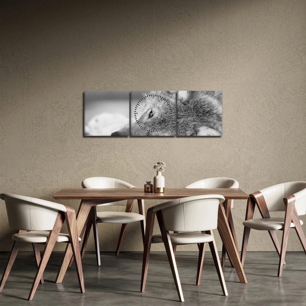 Obraz - Vlk, čiernobiela (s hodinami) (90x30 cm)