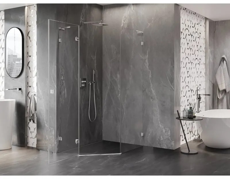 Mexen Lunar, L päťuholníkový sprchový kút naklápací doľava 90 x 100 cm, 8mm číre sklo, chrómový profil, 831L-090L-100P-01-00-L