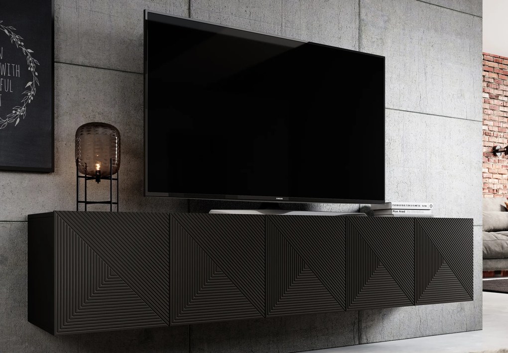 Závesná TV skrinka Asha 200 cm s ryhovaným čelom - čierny mat