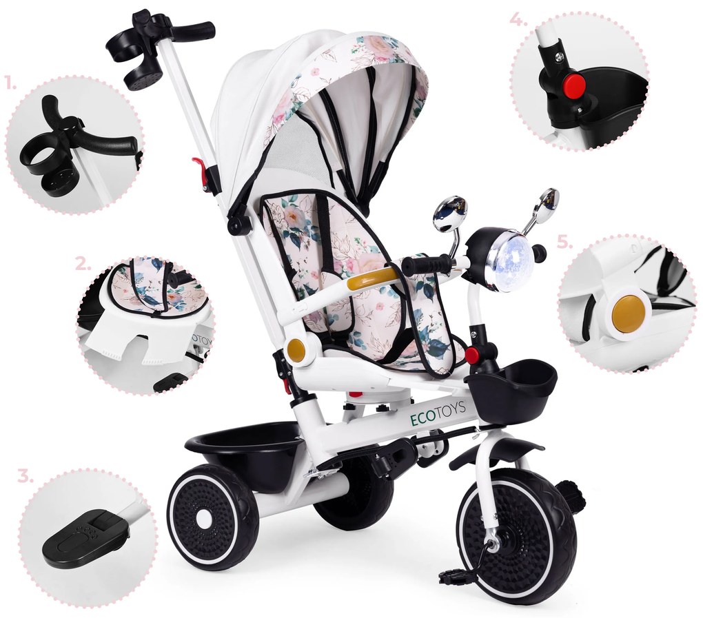 Detská trojkolka s otočným sedadlom a strieškou biela ECOTOYS