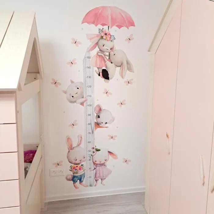 Detský meter na stenu pre dievčatá - Akvarelové zajačiky
