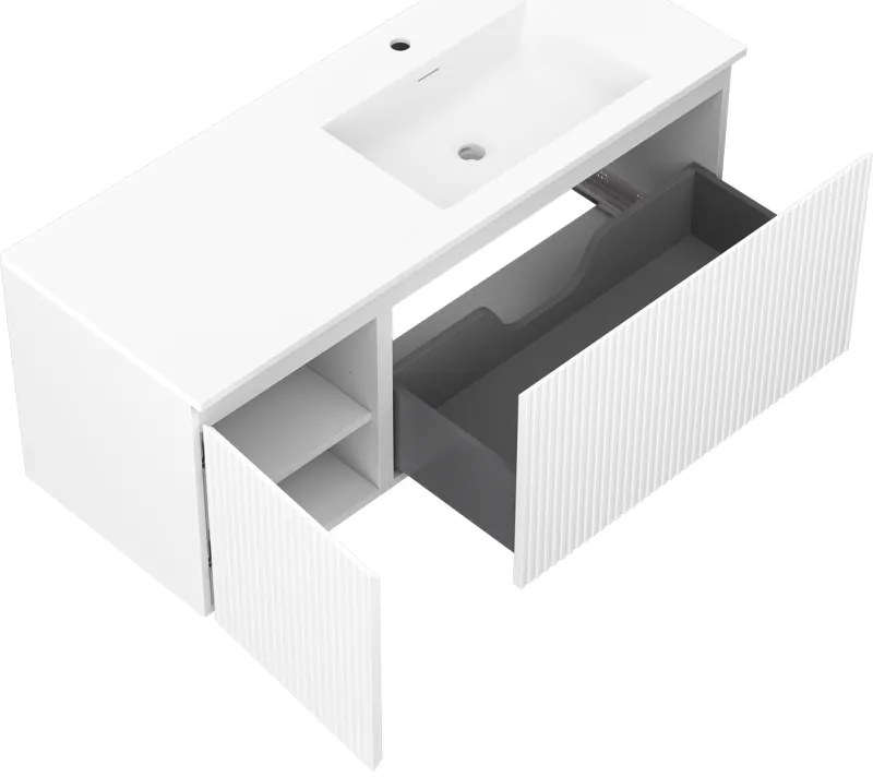 Mexen Rivel, kúpeľňová skrinka 120 cm s pravým umývadlom Otis, 1S, 1D, drážkovaná, biela matná, 91A23-12047-3-BBFF01-W18P01