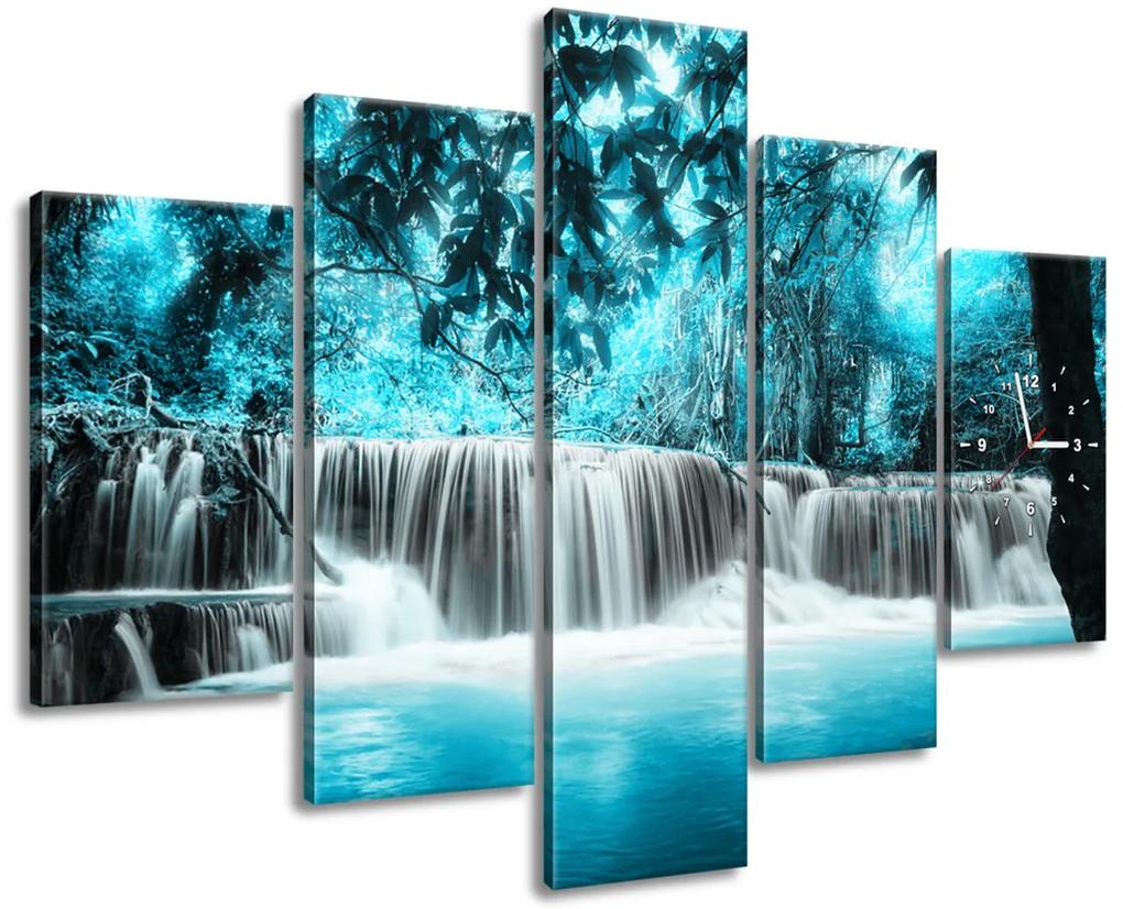 Gario Obraz s hodinami Vodopád v modrej džungli - 5 dielny Rozmery: 150 x 105 cm