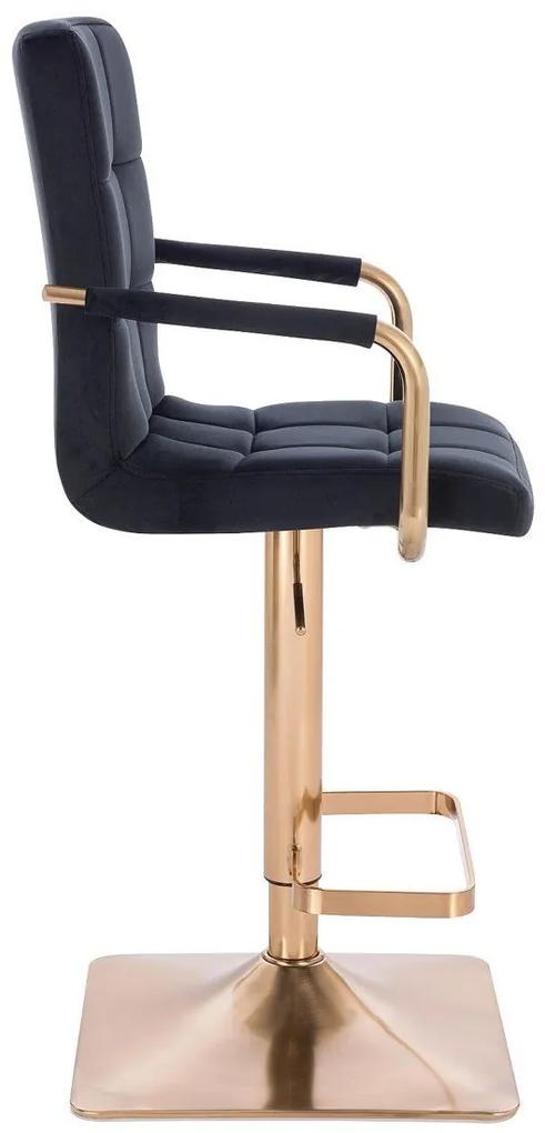 LuxuryForm Barová stolička VERONA GOLD VELUR na zlatej hranatej základni - čierna