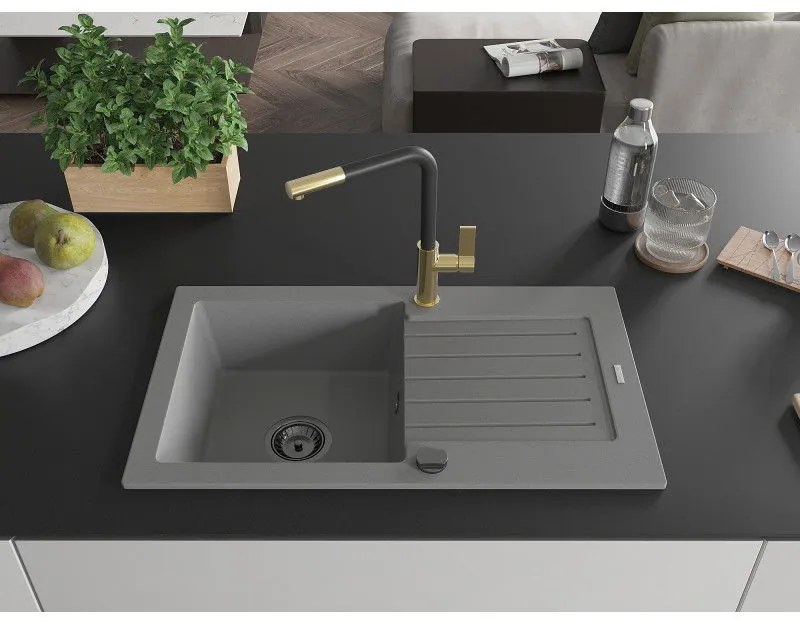 Mexen Pablo, 1-komorový granitový drez 752x436x161 mm a drezová batéria Flora, šedá, 6510-71-670401-57-B