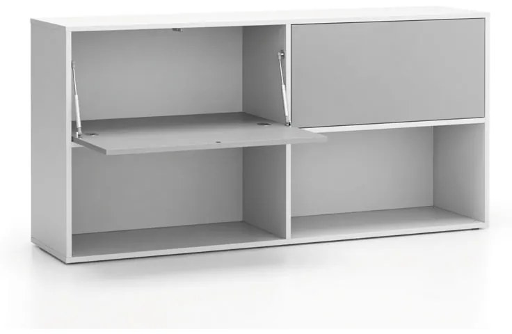 PLAN Kancelársky policový regál LAYERS, dlhý, 2 boxy, 1582 x 400 x 777, biela / sivá