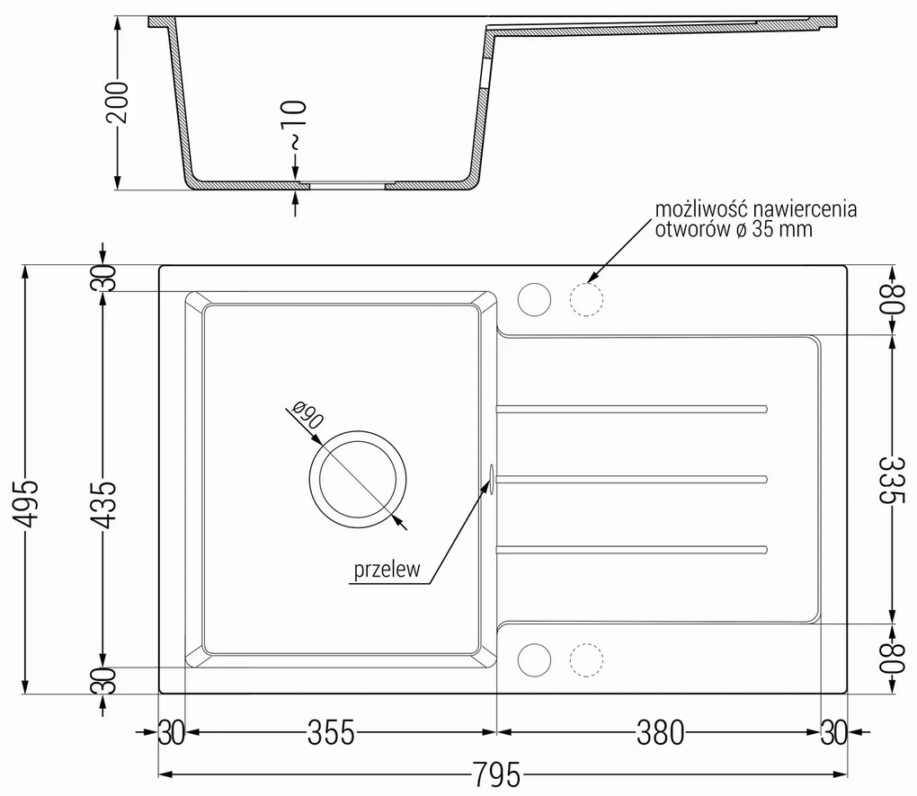 Mexen Bruno, 1-komorový granitový drez 795x495x200 mm a drezová batéria Savita, čierna-strieborná metalíza, 6513-73-672601-00