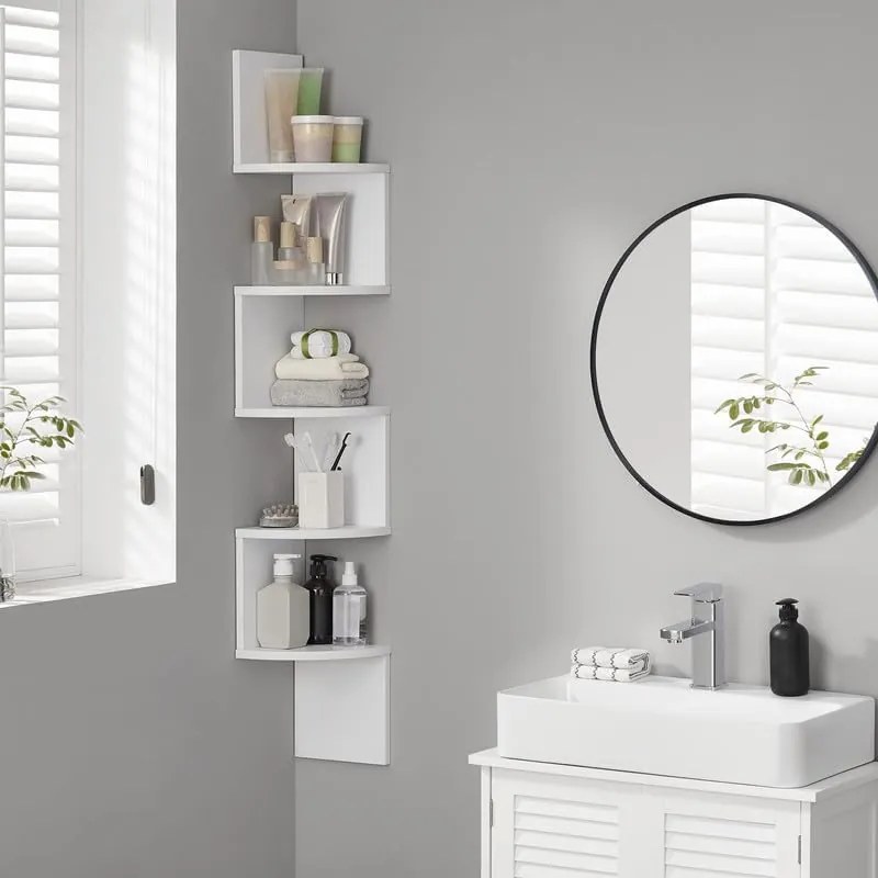 Nástenná rohová polica, 5 úrovní, 20 x 20 x 126 cm, biela