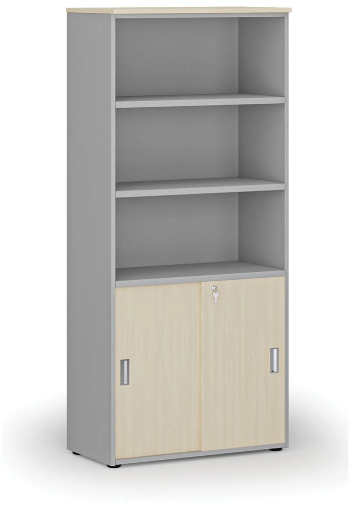Kombinovaná kancelárska skriňa PRIMO GRAY, zasúvacie dvere na 2 poschodia, 1781 x 800 x 420 mm, sivá/buk