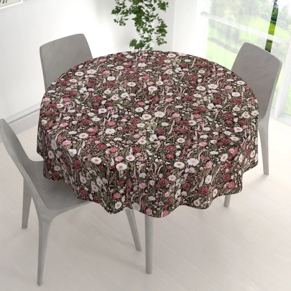 Biante Bavlnený okrúhly obrus Sandra SA-740 Lúčne kvietky na temne hnedom Ø 80 cm