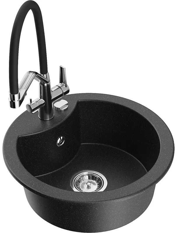 Mexen Diego, 1-komorový granitový drez 488x488x167 mm a drezová batéria Duo, čierna-strieborná metalíza, 6512-73-671701-07