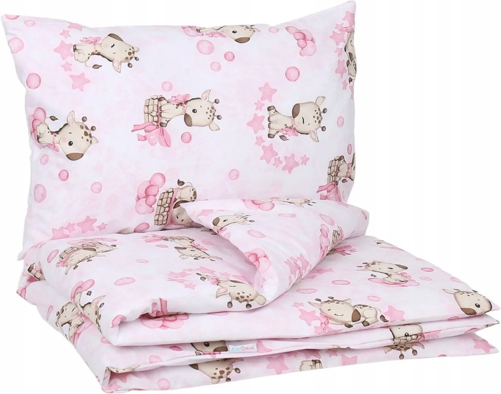 Detské bavlnené obliečky do postieľky 120x90 cm BABYMAM PREMIUM - Žirafa - ružové