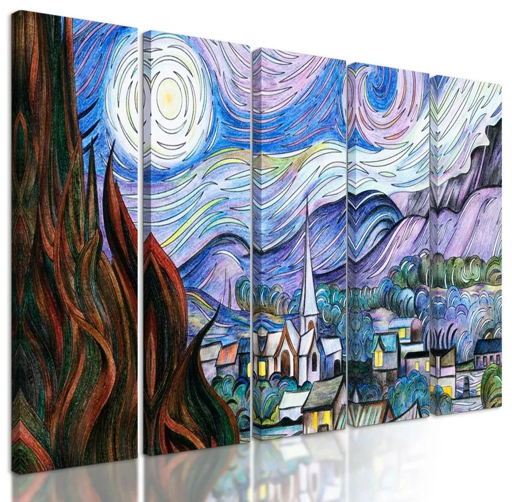5-dielny obraz imitácia Hviezdnej noci od Van Gogha