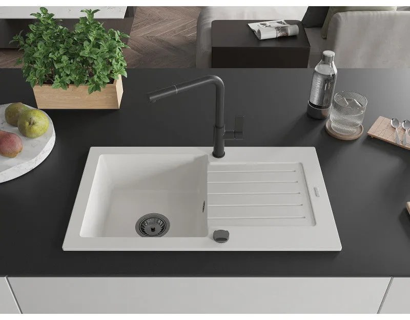 Mexen Pablo, 1-komorový granitový drez 752x436x161 mm a drezová batéria Flora, biela, 6510-20-670401-70-B