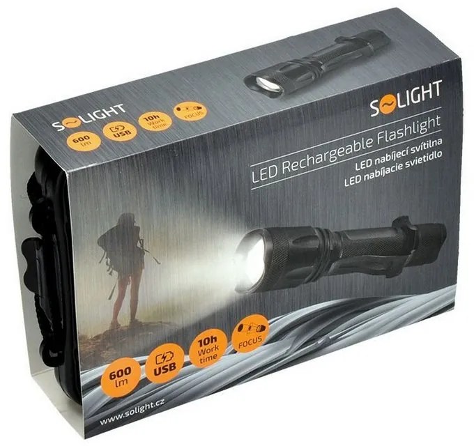 SOLIGHT Nabíjací LED svietidlo 600Lm, XM-L2 T6, USB nabíjanie, 1x batéria Li-ion 3,7V/2200mAh