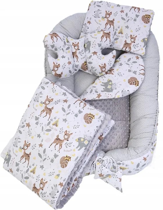 Obojstranné hniezdočko (kokon) pre bábätko - BABYMAM PREMIUM set 7v1 - Srnček a priatelia so šedou minky