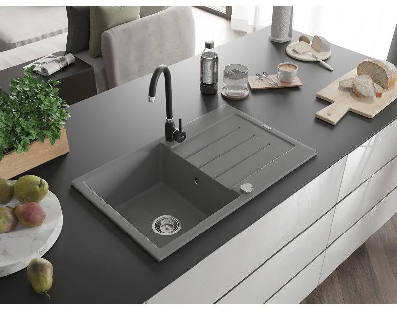 Mexen Bruno, 1-komorový granitový drez s odkvapkávačom 795x495x200 mm a čierna kuchynská batéria Telma, šedá, 6513-71-670200-70