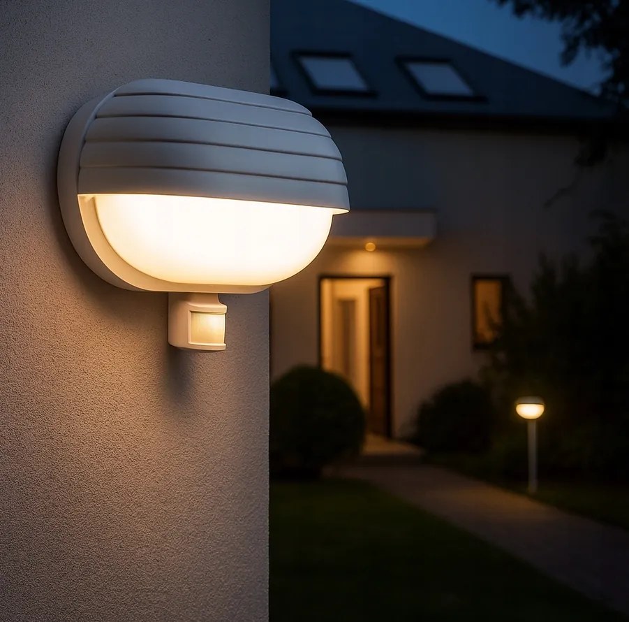 HADEX RIO vonkajšie nástenné svietidlo so senzorom 1xE27/60W/230V/IP44, biela farba