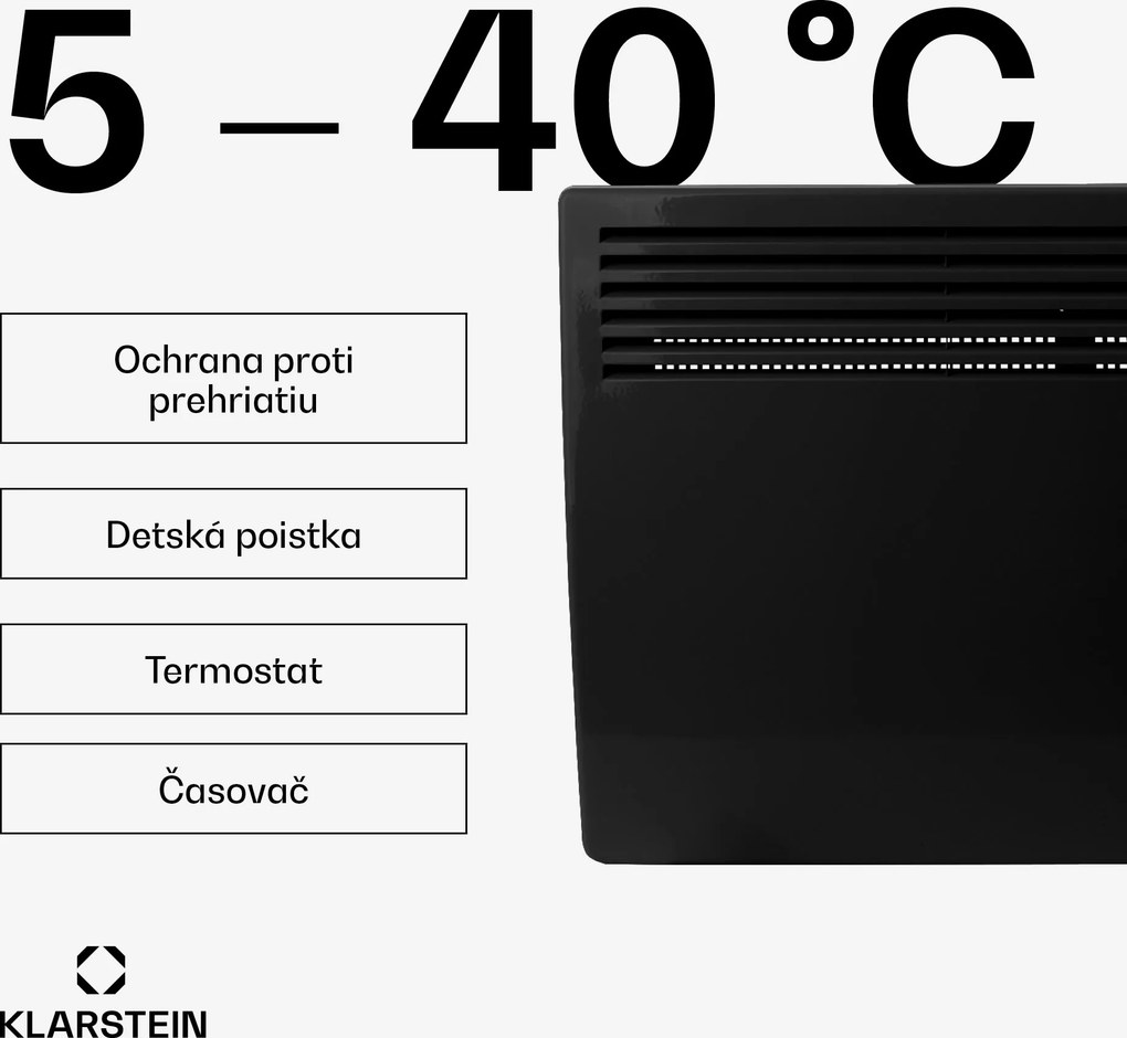 Klarstein Hot Spot Slimcurve, konvektor, ohrievač, 80 x 40 cm, 20 m², 2000 W, 5 - 40 °C, IP24, čierny