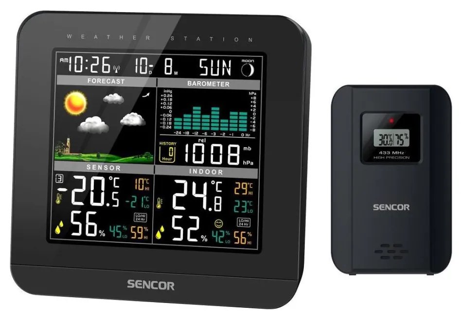 Sencor - Meteostanica s farebným LCD displejom a budíkom 3xAAA + 2x AA čierna