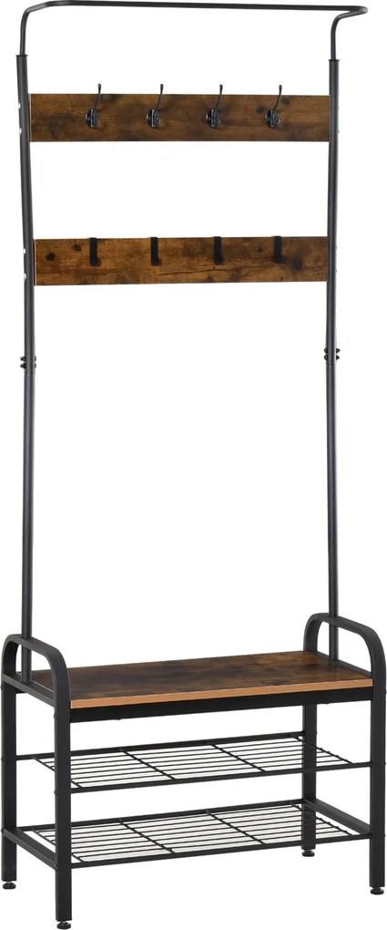 HOMCOM Stojan na kabáty, stojan na topánky s 8 háčikmi a 2 policami, MDF, čierna, 72,8 x 34 x 182 cm | Aosom