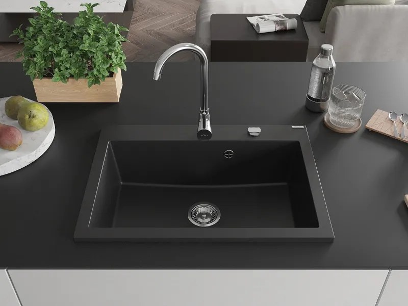 Mexen Elix granitový drez s 1 komorou 700 x 500 mm, čierny, sifón chróm - 6526701005-77