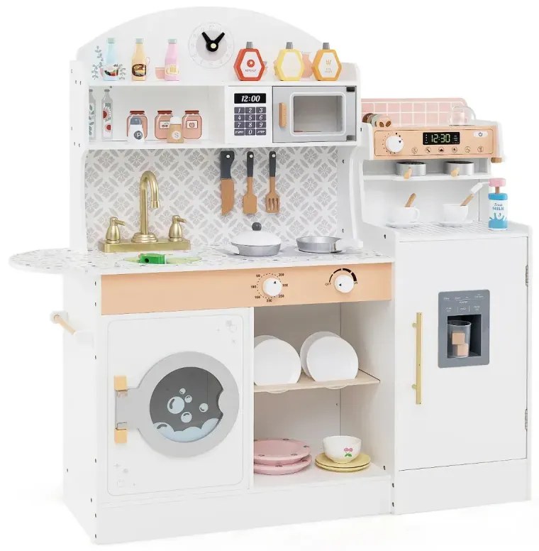 Detská kuchynka s 27 doplnkami Hracia kuchynka Drevená s hodinami Mikrovlnná rúra Biela
