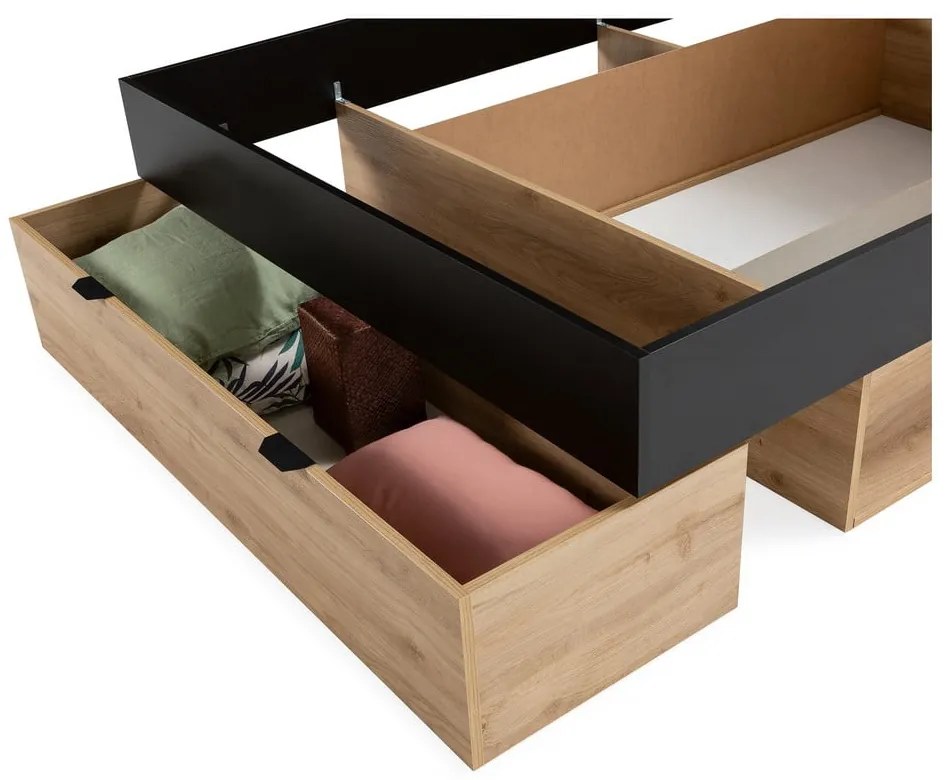 Dvojlôžková posteľ v dekore duba s úložným priestorom bez roštu v čierno-prírodnej farbe 160x200 cm Albo – Marckeric